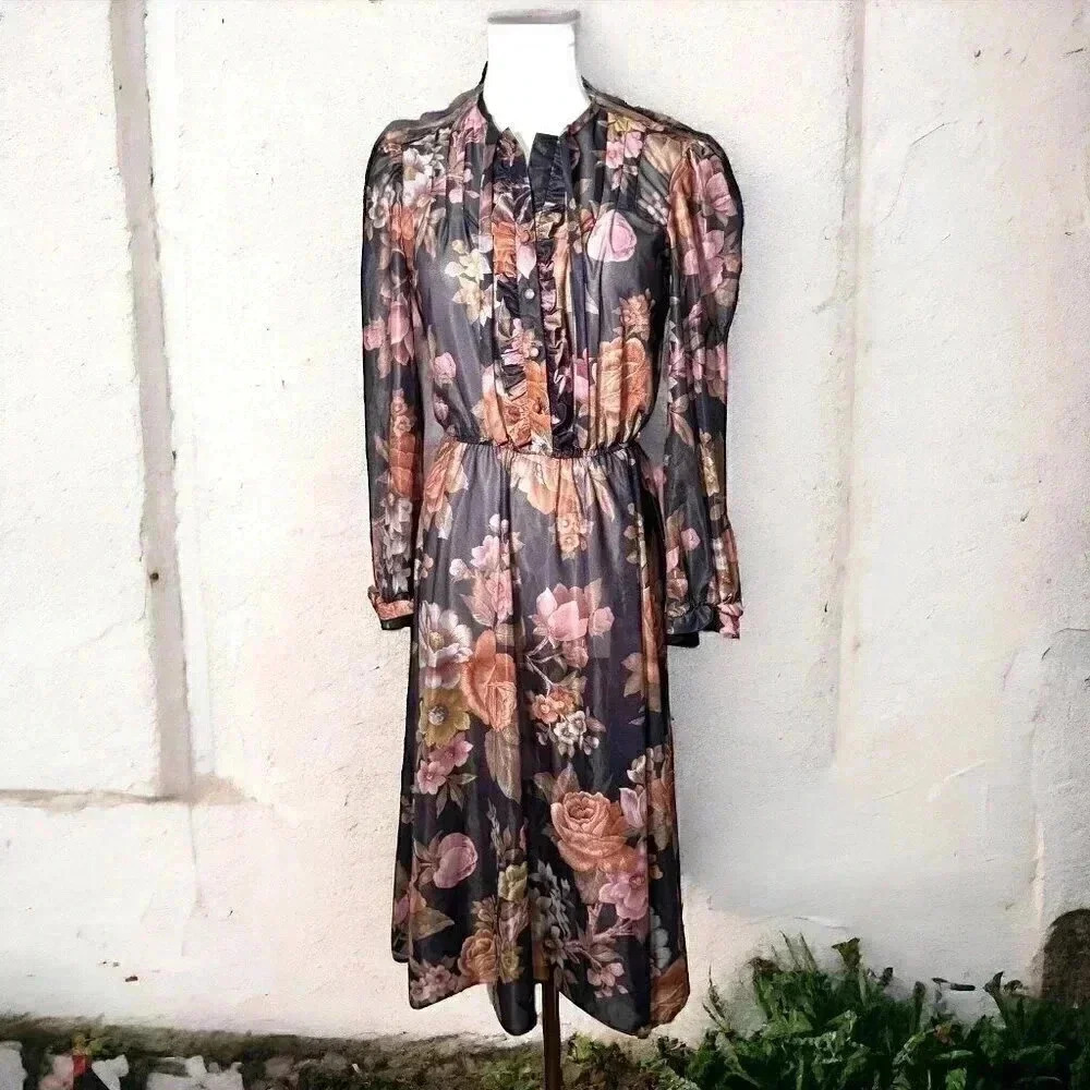 Vintage Floral Sheer Midi Dress Smocked Waist Puff Sleeves